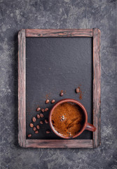 Rustic empty menu blackboard with coffee cup on gray background with copy space. Breakfast menu...