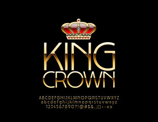 Vector Golden King Crown Logo with Luxury Font. Royal Alphabet Letters, Numbers and Symbols.