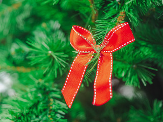 Closeup Soft focus red ribbon decorate on christmas tree. ChristmasDay Background.