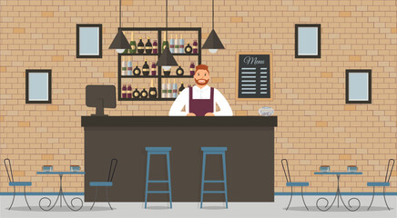 Interior of cafe or bar in loft style. Bar counter, bartender in white shirt and apron, tables, monitor,different chairs and shelves with bottles of alcohol. Board with menu and photos. Vector flat