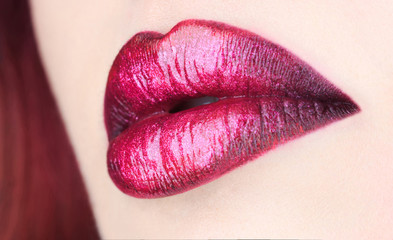 Sexy sensual lip. Close-up big lips, bright lipstick. Glitter, lipstick , gloss. Close up, macro with beautiful female mouth. Beauty sensual lips, beautiful lip.