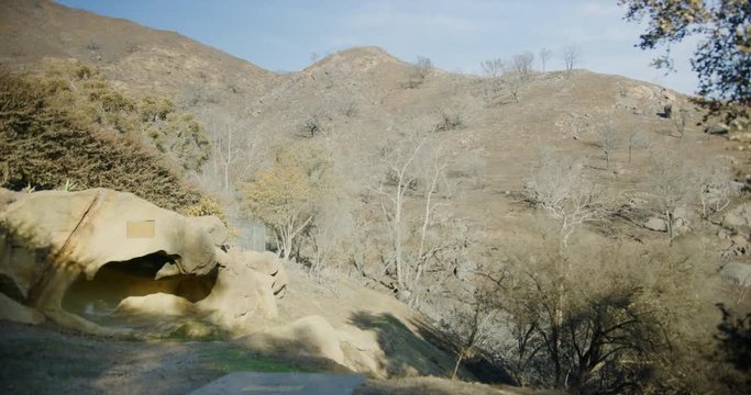 Gimbal shot of fire damage caused by Thomas Fire in Montecito hills Dec 2017. Santa Barbara county, California