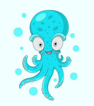 Vector illustration of blue octopus. Cartoon style.