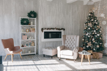 Christmas Cozy Living Room with Modern Fireplace