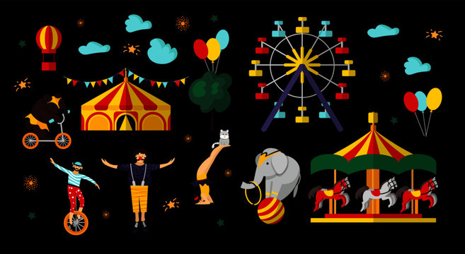 Circus elements and characters. Vector illustration for card, poster, banner, invitation template with bear, elephant, cat, acrobat, clown, tent. Isolated objects.