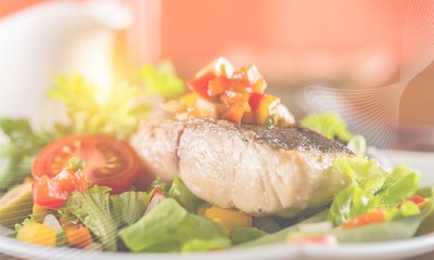 Delicious fried meat with salad on plate, close up
