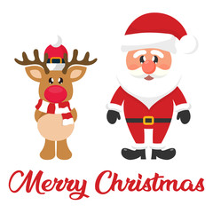 Fototapeta na wymiar cartoon christmas santa claus with christmas cartoon deer and christmas text