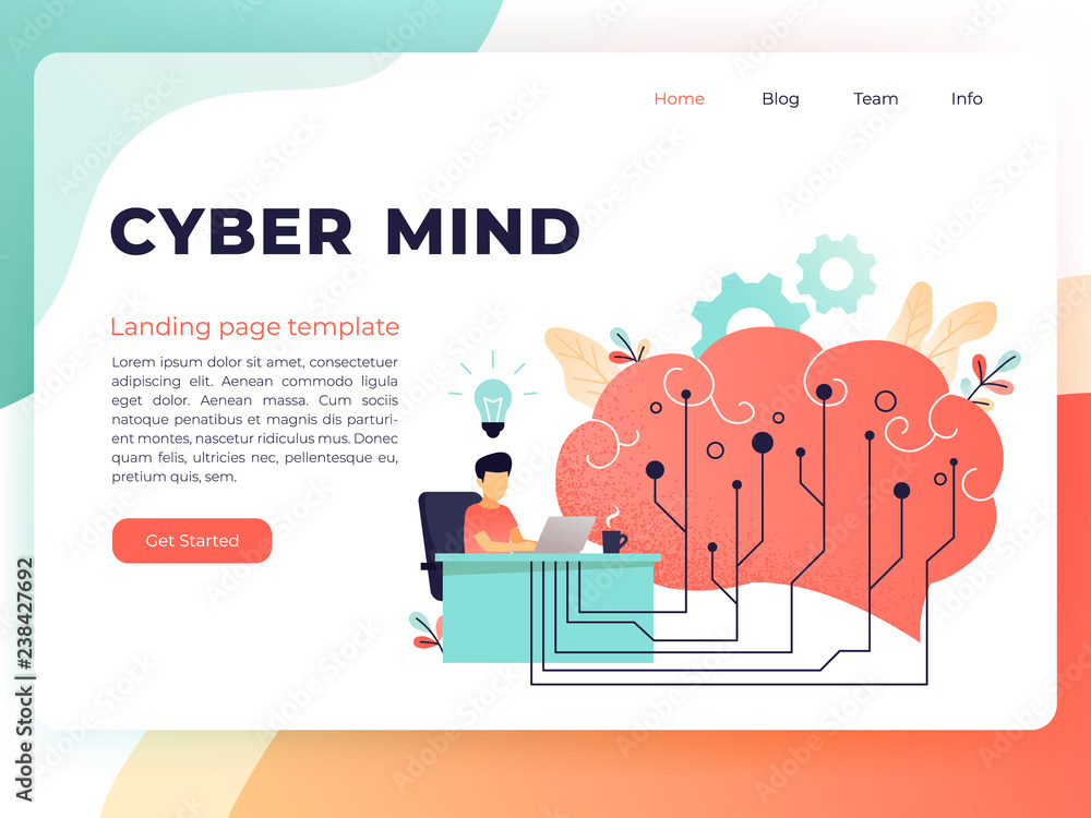 Poster brain with digital circuit and man with laptop. machine learning, artificial intelligence, digital b