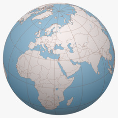 Israel on the globe. Earth hemisphere centered at the location of the State of Israel. Israel map.