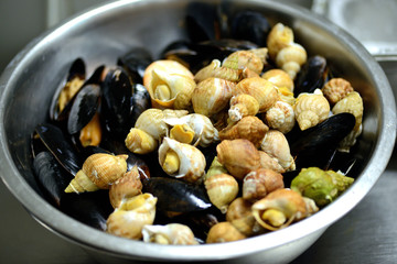 different clams in a metal bowl