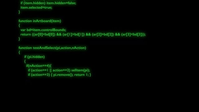 Abstract video, green glowing lines with symbols, computer code is generated on a black computer screen, running or loading a script, stock video