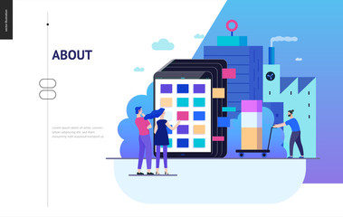 Business series, color 2 - product catalogue - modern flat vector illustration concept of customers choosing a product Website interaction and product line. Creative landing page design template