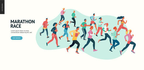 Marathon race group - flat modern vector concept illustration of running men and women wearing winter sportswer. Marathon race, 5k run, sprint. Creative landing page design template, web banner