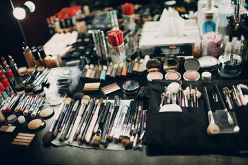Makeup artist set. Lipstick, powder, mascara, blush.