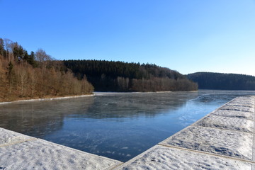 dam barrage reservoir Klingenberg in Winter in Germany, Saxony