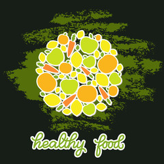 Healthy food veggie banner design, poster with decorated fruits and vegetables and handlettered note 'healthy food'