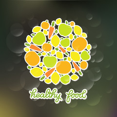 Healthy food veggie banner design, poster with decorated fruits and vegetables and handlettered note 'healthy food'