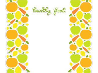 Healthy food veggie banner design, poster with decorated fruits and vegetables and handlettered note 'healthy food'