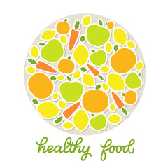 Healthy food veggie banner design, poster with decorated fruits and vegetables and handlettered note 'healthy food'