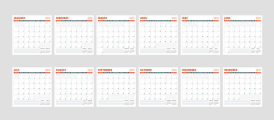 Calendar template for 2019 year. Set of 12 months. January, February, March, April, May, June, July, August, September, October, November, December. Stationery design