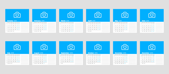 Calendar template for 2019 year. Set of 12 months. January, February, March, April, May, June, July, August, September, October, November, December. Stationery design