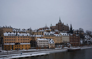 Old houses at Södermalm in Stockholm a snowy winterday