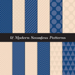 Geometric Vector Patterns in Beige Pink and Navy Blue. Pastel Color Chevron, Stripes, Triangles and Polka Dots Prints. Repeating Pattern Tile Swatches Included.