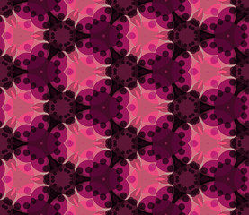 Seamless triangular pattern from geometrical abstract ornaments multicolored in pink and purple shades on a dark background. Vector illustration. Suitable for fabric, wallpaper and wrapping paper