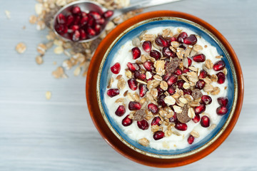 Bowl of greek yogurt with pomegranate and muesli.