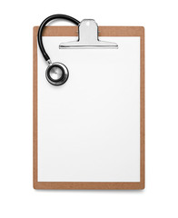 Clipboard with blank paper and stethoscope