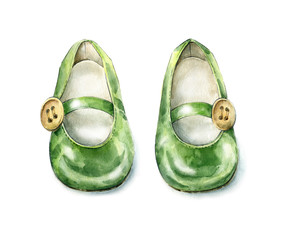 Green shoes for girl.Watercolor illustration.