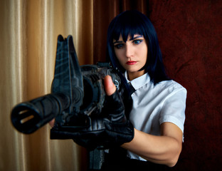 Naklejka premium Anime schoolgirl with a gun