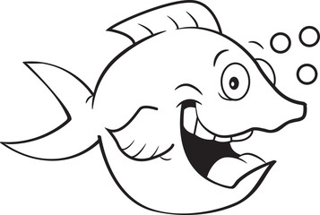 Black and white illustration of a happy fish with bubbles.