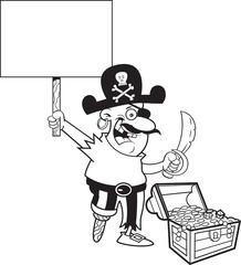 Black and white illustration of a pirate holding a sign standing next to a treasure chest.