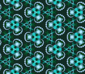 Seamless triangular pattern from geometrical abstract ornaments multicolored in turquoise shades on a dark background. Vector illustration. Suitable for fabric, wallpaper and wrapping paper