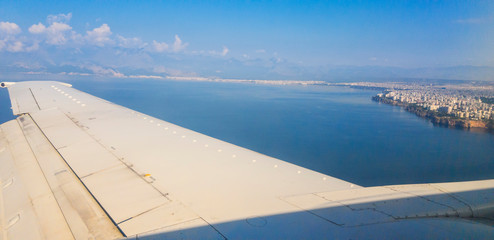 Fototapeta na wymiar Plane window view to Antalya