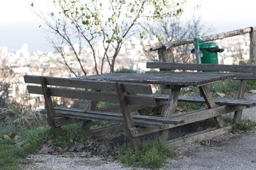 Fototapeta premium Wooden pic-nic table and bench (Pesaro, Italy)