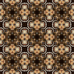 Seamless square pattern from geometrical abstract ornaments multicolored in beige and brown shades on a dark background. Vector illustration. Suitable for fabric, wallpaper and wrapping paper