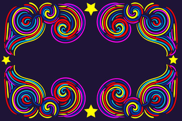 Colorful abstract  frame with curly lines, swirls, curls, stars. Vector illustration.  