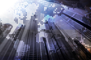 Double exposure world map on skyscraper background. Communication and global business concept