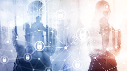 Cyber security, information privacy, data protection concept on modern server room background. Internet and digital technology concept People in jackets on the background of the city