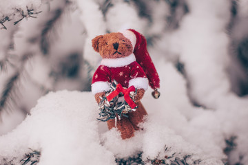 Christmas teddy bear on the snowy fir tree.