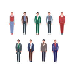 Set of handsome young men in classic elegant clothes and suits. Men in colored beautiful clothes.