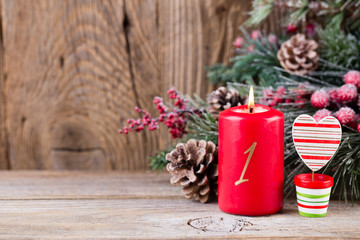 Christmas greeting card. Festive decoration on wooden background. New Year concept. Copy space.  Flat lay. Top view.