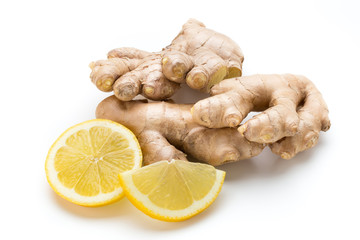 Ginger bio and lemon on white background.