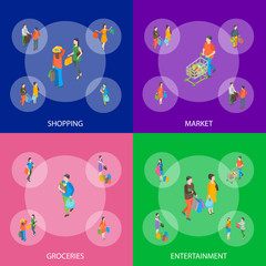 Shopping People 3d Banner Set Isometric View. Vector