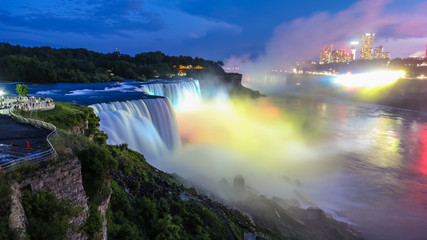 Niagara Falls closeup panorama by night. Ontario, Canada