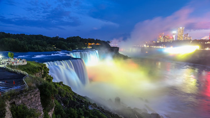 Niagara Falls closeup panorama by night. Ontario, Canada