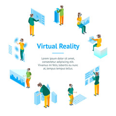Virtual Reality Glasses Concept with People 3d Banner Card Circle Isometric View. Vector