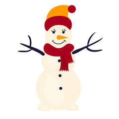 Cute happy snowman isolated on white background. Cartoon flat style. Vector illustration.